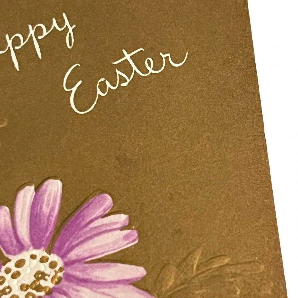 Unused Vintage Happy Easter Greeting Card Gold Embossed Floral